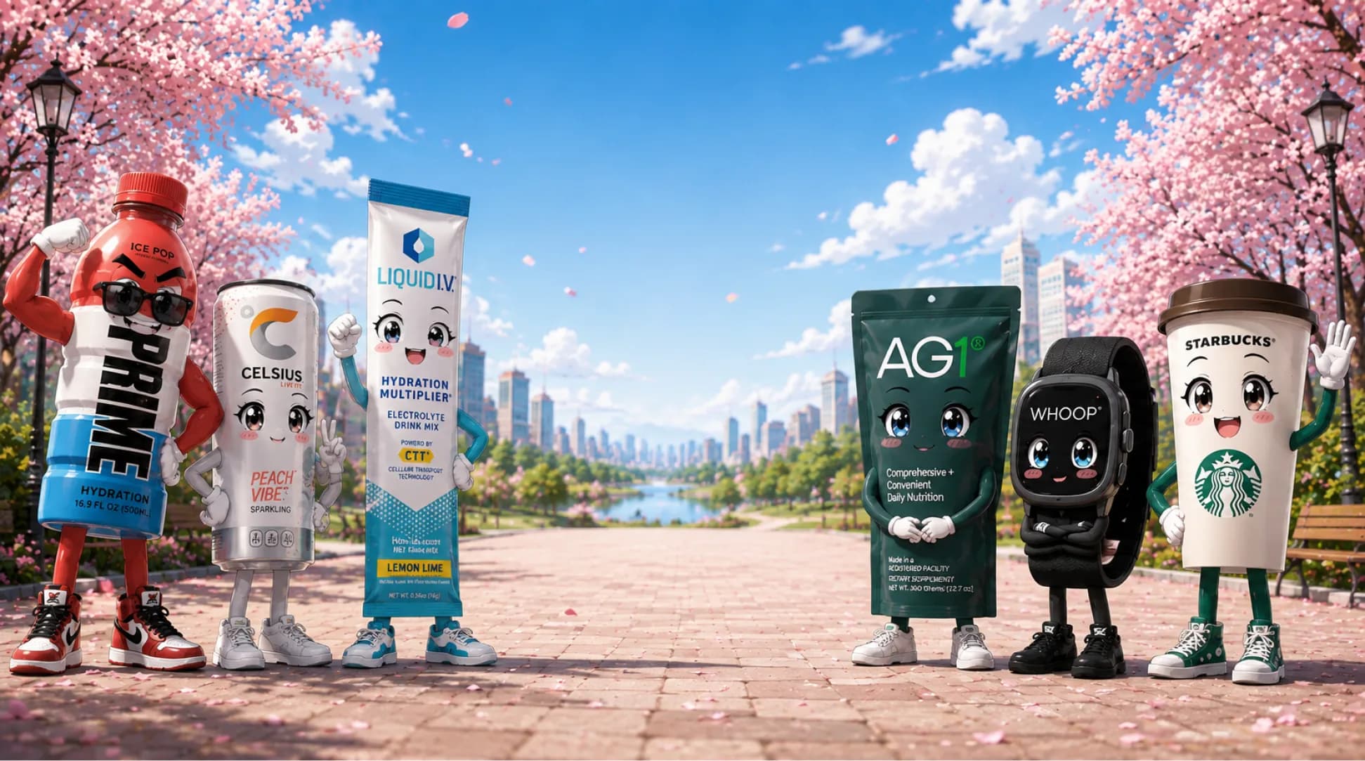 Brand mascots gathered under cherry blossoms